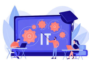 Software development. Programming, coding learning. Information technology courses, IT courses for all levels, computing and hi tech course concept. Pink coral blue vector isolated illustration